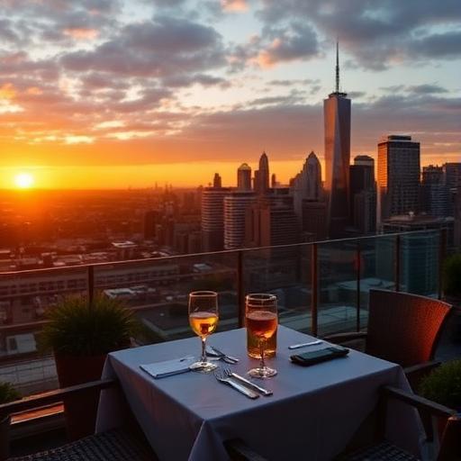 Rooftop dinner at sunset over a skyline