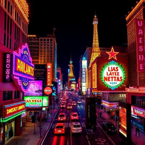 Neon-lit city strip at night